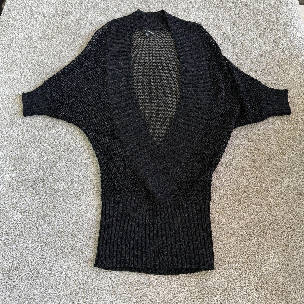 Bebe Shrug Sweater Womens S Black Open-Knit Dolman Short Sleeve Metallic Knit